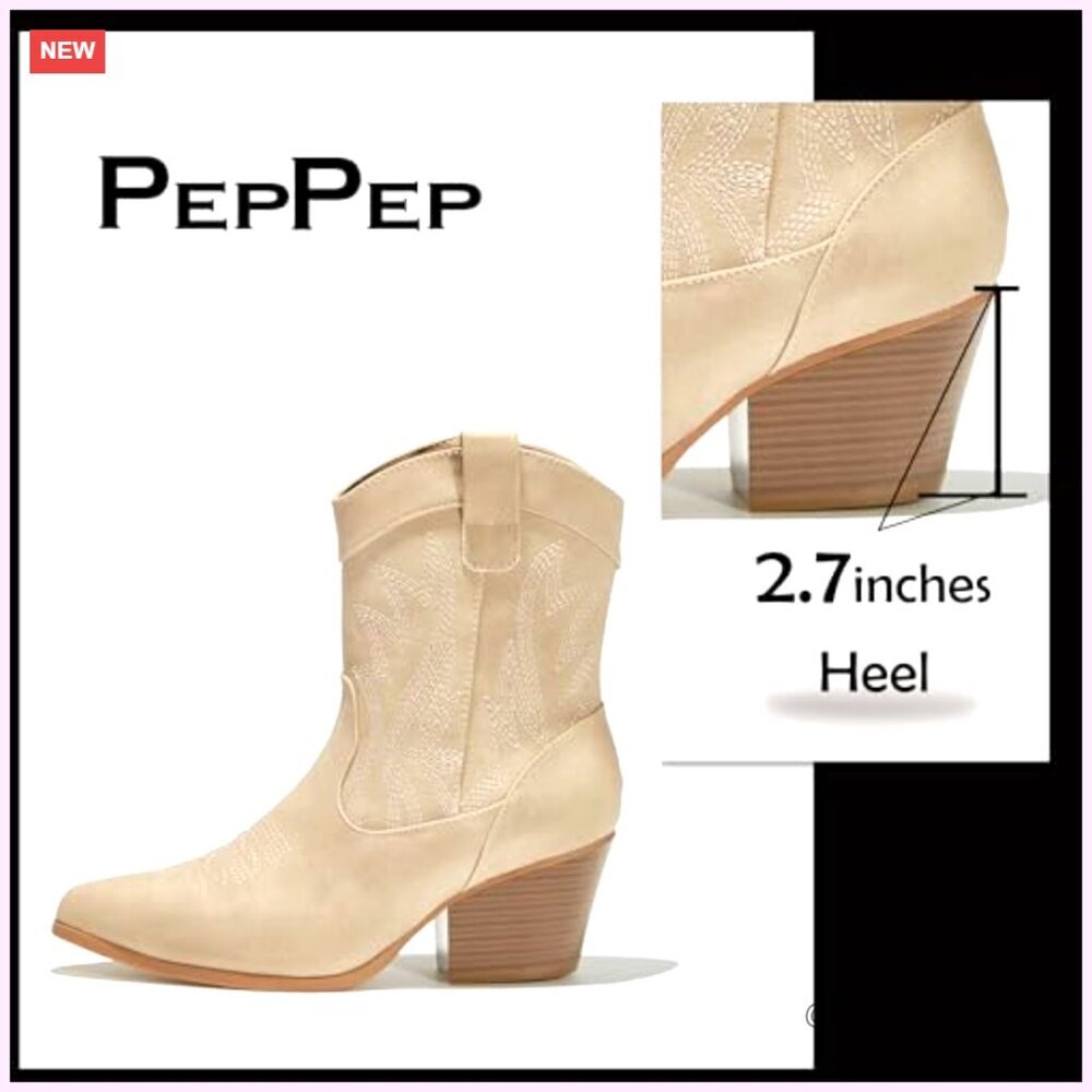 Women's Vegan Leather Ankle Boots, Western Cowgirl Style, Low Heel - Picture 5 of 7